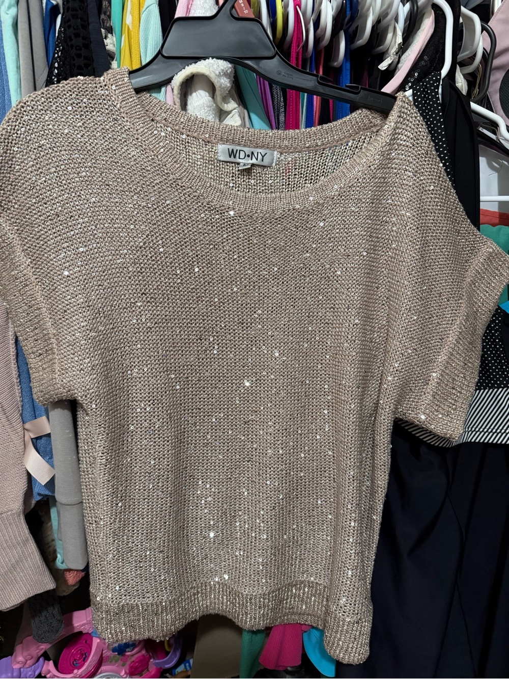 WD.NY Taupe Metallic Short-Sleeve Knit Top